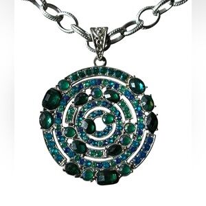 Vintage Green/Blue Lucite Rhinestone Pendant Necklace